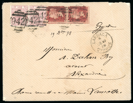 1878 (19 Dec.) Envelope franked with British 2½d, plate 12 (pair, letters MB–MC) and 1d red, plate 206 (vertical pair, letters LI–MI), all neatly cancelled by numeral "942" and LARNACA/DEC.19.1878 cds, addressed to Alexa