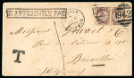 Only recorded usage of the Insufficiently Paid boxed hs    1879 (6 Aug.) Envelope franked Great Britain ½d rose, plate 12, vertical pair, neatly tied by numeral "942" and LARNACA/6.8.1879 cds alongside, addressed to Belg
