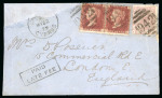 1879 (22 May) cover from Larnaca to London, England. Bearing Great Britain 2½d rose and a pair of 1d red, all cancelled by “942” numeral cancellation, paying the normal rate plus the 2d late fee posting with boxed PAID/L