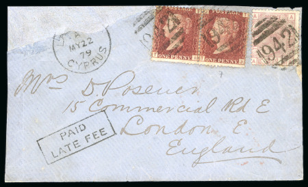 1879 (22 May) cover from Larnaca to London, England. Bearing Great Britain 2½d rose and a pair of 1d red, all cancelled by “942” numeral cancellation, paying the normal rate plus the 2d late fee posting with boxed PAID/L