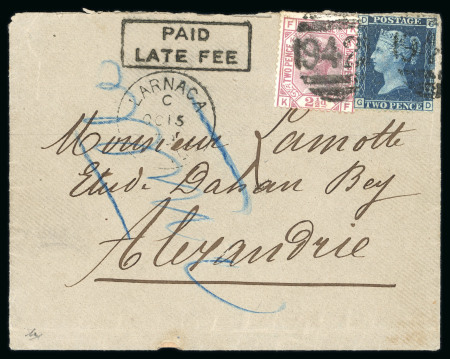 1879 (15 Oct) Envelope from Larnaca to Alexandria, Egypt. Bearing Great Britain 2d blue, plate 15, and 2½d rosy mauve, plate 14, both neartly tied by “942” numeral cancellation, paying the normal rate plus the 2d late fe