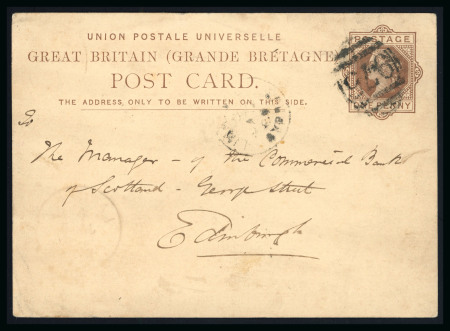 1880 (12 Jan.) Postal stationery card Great Britain 1d impression, cancelled by numeral "975" and LIMASSOL/12.1.1880 cds alongside, addressed to Edinburgh, Scotland. Cyprus did not issue its own postal stationery cards u