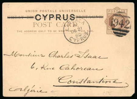 1880 Half Penny brown CYPRUS overprinted postal card, neatly tied barred numeral "942"  with LARNACA/DE.21.80 cds alongside, sent to Constantine, Algeria, very fine.