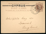 1880 Half Penny brown CYPRUS overprinted postal card, neatly cancelled by LARNACA/MR.6.81 cds, sent to Ipswich, England, very fine.