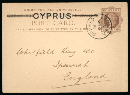 1880 Half Penny brown CYPRUS overprinted postal card, neatly cancelled by LARNACA/MR.6.81 cds, sent to Ipswich, England, very fine.