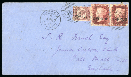 1880 (27 Apr.) Cover addressed to S.R. French, Junior Carlton Club, Pall Mall S.W., London, franked with Great Britain ½d, plate 15, and 1d red, plate 205 (pair), each cancelled by numeral "969", with superb NICOSIA/CYPR