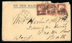 1881 (2 Apr.) OHMS envelope addressed to Bath, England, franked with 1880 1d red, plate 205, horizontal pair, in combination with 1881 HALF-PENNY on 1d red, plate 216, each tied by barred numeral "974", with superb KYREN