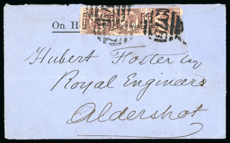 1880 (24 Aug.) OHMS envelope to Aldershot, franked with 1880 ½d rose, three singles all from the rare plate 19 (SG 1, £2'100 as singles), each tied by numeral "975", with faint LIMASSOL/AU.24.80/CYPRUS cds on reverse; pa