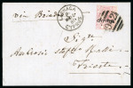 1880 (12 Mar.) Entire letter from Larnaca to Triieste, franked with 1880 2 1/2d rosy mauve, plate 14, tied by fine "942" numeral of Larnaca, with fine LARNACA/MR.12.81/CYPRUS cds alongside. Transit and arrival backstamps