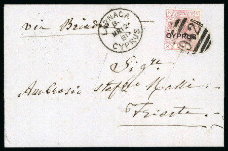 1880 (12 Mar.) Entire letter from Larnaca to Triieste, franked with 1880 2 1/2d rosy mauve, plate 14, tied by fine "942" numeral of Larnaca, with fine LARNACA/MR.12.81/CYPRUS cds alongside. Transit and arrival backstamps
