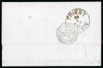 1880 (12 Mar.) Entire letter from Larnaca to Triieste, franked with 1880 2 1/2d rosy mauve, plate 14, tied by fine "942" numeral of Larnaca, with fine LARNACA/MR.12.81/CYPRUS cds alongside. Transit and arrival backstamps