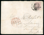 1880 (27 Oct.) Entire letter from Limassol to London, England, franked with 1880 2 1/2d rosy mauve, plate 14, tied by fine "975" numeral of Limassol, with fine but faint LIMASSOL/OC.27.80/CYPRUS cds and red London arriva