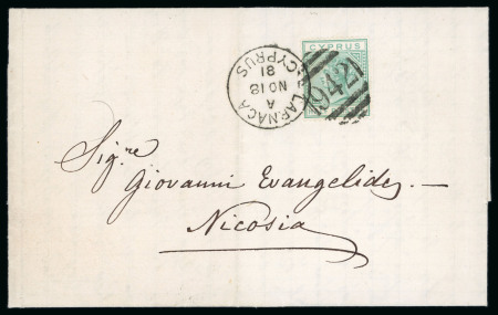 1881 CC 1/2pi emerald-green, neatly tied by barred numeral "942" and LARNACA A/NO.18.81/CYPRUS cds, on 1881 folded lettersheet to Nicosia, arrival bs, very fine.