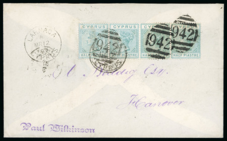 1881 CC 1/2pi emerald-green, strip of three and a single, all neatly tied by barred numeral "942" and LARNACA A/MR.12.82/CYPRUS cds, on 1882 envelope to Hannover (Germany), arrival bs, very fine and scarce.