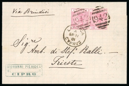 1881 CC 1pi rose, two singles, neatly tied by barred numeral "942" and LARNACA A/SP.11.81/CYPRUS cds, on 1881 folded lettersheet to Trieste, arrival bs, very fine and scarce.