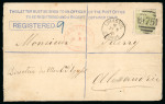1881 CC 4pi pale olive-green, single, neatly tied by barred numeral "975", with LIMASSOL B/JY.3.81/CYPRUS cds and oval red REGISTERED B/JY.3.81/CYPRUS alongside, on Size G 2pi blue registered envelope to Alexandria (Egyp