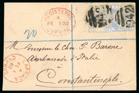 1881 CC 2pi blue, two singles, neatly tied by barred numeral "942", with LARNACA A/FE.1.82/CYPRUS cds and oval REGISTERED A/FE.1.82/CYPRUS both in red alongside, on registered envelope to Constantinople, arrival bs in re