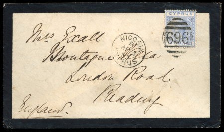 1881 CC 2pi blue, single, neatly tied by barred numeral "969", with NICOSIA B/AP.3.82/CYPRUS cds alongside, on mourning envelope to Reading, England, arrival bs, very fine and a scarce single franking.