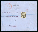 1881 CC 6pi olive-grey, single, neatly tied by barred numeral "975", with LIMASSOL B/AU.14.81/CYPRUS cds and oval red REGISTERED A/AU.14.81/CYPRUS alongside, on large part registered envelope, very fine and a rare single