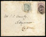 1894 (15 Feb.) Large envelope from Polymedia to Larnaca, via Limassol, bearing 1892-94 ½pi emerald-green in combination with 1pi lilac Revenue, the adhesive tied by the scarce "D47" barred numeral of Polymedia, with POLY