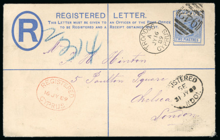 1889 (16 July) Size G 2pi blue registration envelope from Troodos to London, bearing 1882 2pi blue, neatly tied by the "942" barred numeral cancellation, with TROODOS / JY 16 89 / CYPRUS c.d.s. and red oval REGISTERED / 