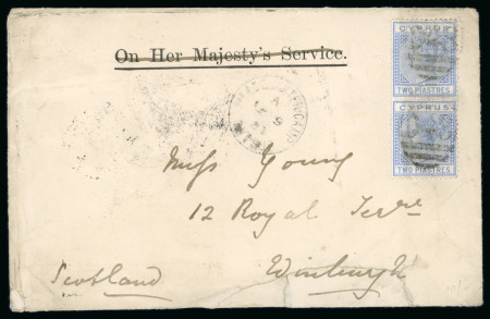 1883 (9 Apr.) O.H.M.S. envelope (official imprint crossed out) from Headquarter Camp to Edinburgh, Scotland, bearing 1882 2pi blue, vertical pair, cancelled by the scarce "D48" barred numeral, with HEADQUARTER CAMP / CYP