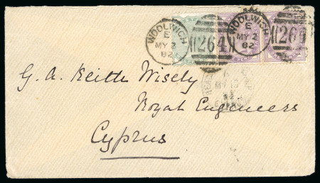1882 incoming cover addressed to the Governor’s Assistant, Keith Wisely, at Kykko Monastery, Nicosia. Kykko Monastery served as one of the earliest military and civil headquarters under British occupation.   The cover is