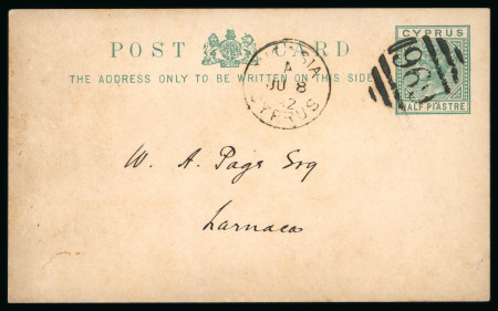 1882 1/2d emerald-green, postal card, cancelled by barred numeral "969", with NICOSIA A/JU.8.82/CYPRUS cds alongside, addressed to Larnaca, unusual message on reverse.