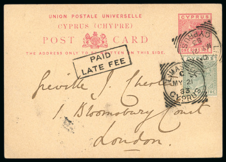 1883 (21 May) 1pi Queen Victoria postal stationery card to London, additionally franked with 1882 CA ½pi adhesive to pay the late posting fee of half a piastre, with superb boxed PAID/LATE FEE in black, tied by squared c