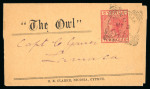 1894 "The Owl" newspaper wrapper to Larnaca, with 10pa red impression tied by squared circle NIKOSIA C/MY.2.94 ds, very fine and unusual.