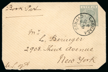 1896 (18 Oct.) Small envelope from Larnaca to New York, bearing ½pi emerald-green, tied by LARNACA C / OC 18 96 c.d.s., paying the Book Post rate. A very fine and scarce overseas printed matter usage.