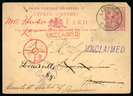 1882 Postal cards 1d rose, cancelled LARNACA A/JA.8.82/CYPRUS cds, addressed to the United States, and unclaimed and returned to Larnaca, showing unframed violet UNCLAIMED linear hs, plus similar mkg framed and in red, u