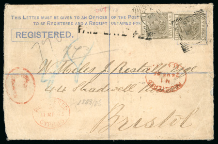 Late Fee Registered Cover  1885 Size G - registered envelope (2 piastres blue) from Larnaca to Bristol, additionally franked with two 6 piastre olive-grey (Crown CA watermark) stamps, tied by LARNACA A / MR 11 85 / CYPRU