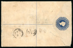 Late Fee Registered Cover  1885 Size G - registered envelope (2 piastres blue) from Larnaca to Bristol, additionally franked with two 6 piastre olive-grey (Crown CA watermark) stamps, tied by LARNACA A / MR 11 85 / CYPRU