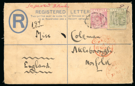 1894 (21 Aug.) Size G - 2pi blue registered and insured envelope to Norfolk, England, uprated and franked with 4pi pale olive-green and 1pi rose, all tied by the “942” Larnaca barred numeral obliterator. Reverse with Lar