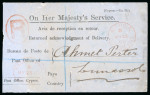 1900 (25 May) O.H.M.S. Avis de reception (A.R.) envelope, cancelled by red NICOSIA/CYPRUS "B" / MY 25, 00 cds, addressed to Limassol, with Larnaca transit and Limassol arrival backstamps. Bearing the oval "R" registratio