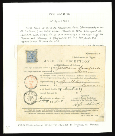 1889 (6 Apr.) First-type Avis de Réception form, franked with 1882 2pi blue, tied by LARNACA / AP 6 89 / CYPRUS squared-circle datestamp, addressed to Rome and redirected to Grignan, with red Larnaca dispatch and arrival