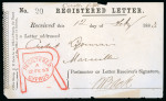 1883 (12 Feb.) Registered letter receipt for a registered letter from Larnaca to France, bearing a superb strike of the large red "R" registration handstamp. A rare and attractive postal document illustrating the early r
