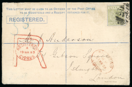 1893 (19 Mar.) 2pi G-size registered envelope, uprated with 4pi pale olive-green, sent from Larnaca to London; adhesive cancelled by numeral "942". At left, a superb strike of the very rare large double-lined REGISTERED/