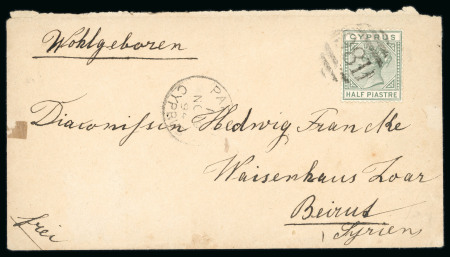 1882 CA ½pi emerald-green, tied by numeral "981", with PAPHO/CYPRUS cds alongside, on envelope via Limassol to Beyrouth, transit and arrival bs, fine and scarce paying the printed matter rate.