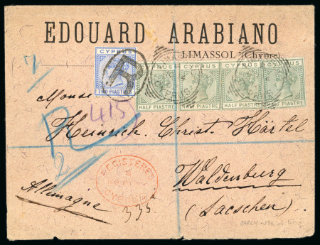 1894 Registered envelope from Larnaca to Germany, via Smyrna and Constantinople, bearing ½pi emerald-green (4) and 2pi blue, tied by LARNACA squared-circle datestamps and oval "R" registration handstamps, with red oval R