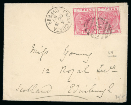 1887 (3 Oct.) Envelope from Famagusta to Edinburgh, Scotland, via Larnaca, bearing 1882 1pi rose, pair, tied by the "982" barred numeral of Famagusta, with FAMAGUSTA / OC 3 87 / CYPRUS c.d.s. alongside; transit and arriv
