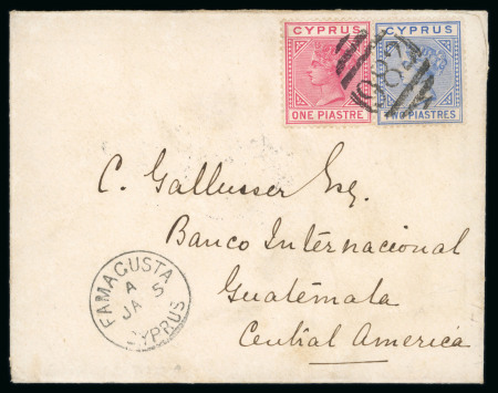 1892 (5 Jan) Cover from Famagusta, Cyprus, to Guatemala. Franked with 1 piastre and 2 piastres, cancelled by numeral “982” and FAMA-GUSTA / CYPRUS A / JA 5, 92 datestamp. Transit cancellations of Larnaca, with arrival ma