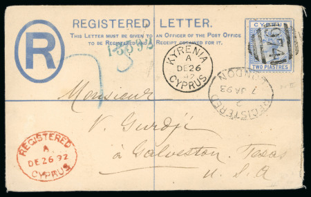 1892 (2 June) 2pi Size F registration envelope to Texas, USA, uprated with a 1882 CA 2pi adhesive tied by a clear crisp strike of the barred numeral "974" of Kyrenia, with KYRENIA/DE.26.92/CYPRUS cds and red oval REGISTE