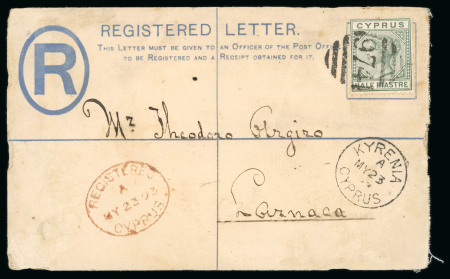 1893 (23 May) 2pi Size F registration envelope to Larnaca, uprated with a CA 1/2pi adhesive tied by a clear crisp strike of the barred numeral "974" of Kyrenia, with KYRENIA A/MY.23.93/CYPRUS cds and red oval REGISTERED/