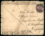 1897 Soldier's concessional letter to Nottingham, England, franked with a 1882 CA 30pa adhesive, cancelled by TROODOS A/JY.97/CYPRUS cds and countersigned by the soldier's commanding Captain. Paying the soldiers' concess