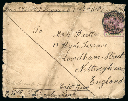 1897 Soldier's concessional letter to Nottingham, England, franked with a 1882 CA 30pa adhesive, cancelled by TROODOS A/JY.97/CYPRUS cds and countersigned by the soldier's commanding Captain. Paying the soldiers' concess