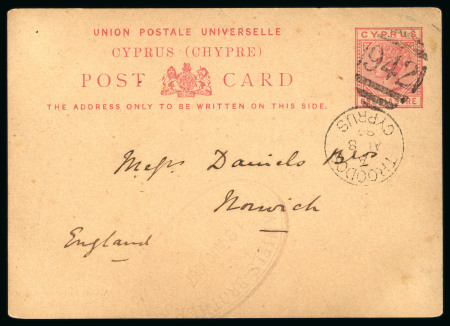 1887 (7.Aug,) Postal card sent from "Mount Troodos Camp" to Norwich, England, the 1d red card is neatly cancelled by crisp clear "942" barred numeral of Larnaca and TROODOS A/AU.8.87 cds alongside, a very fine usage from