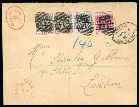 1898 (3 June) Registered envelope from Koilani to London, franked with 1894-96 ½pi two single, 1pi and 2pi paying the 4pi registered rate, each precancelled in manuscript with three horizontal lines and “Koilani, 27.5.98
