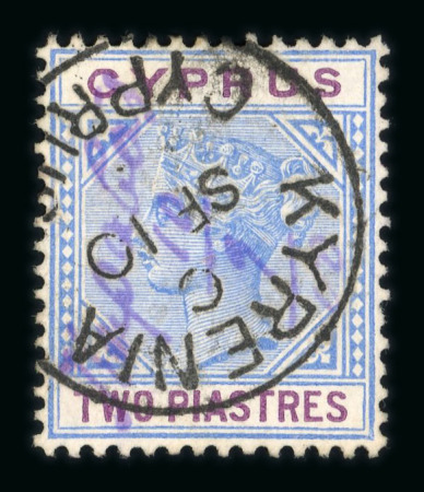 1894-96 CA 2pi blue and purple, with manuscript cancel in violet "Karavas/10.9.00" and KYRENIA/CYPRUS cds, very fine and rare